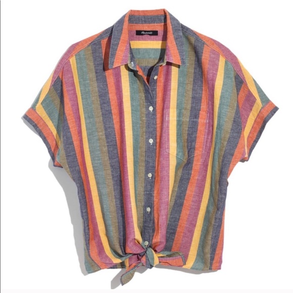 NWOT // MADEWELL Tie Front Shirt in rainbow stripe - Picture 1 of 4